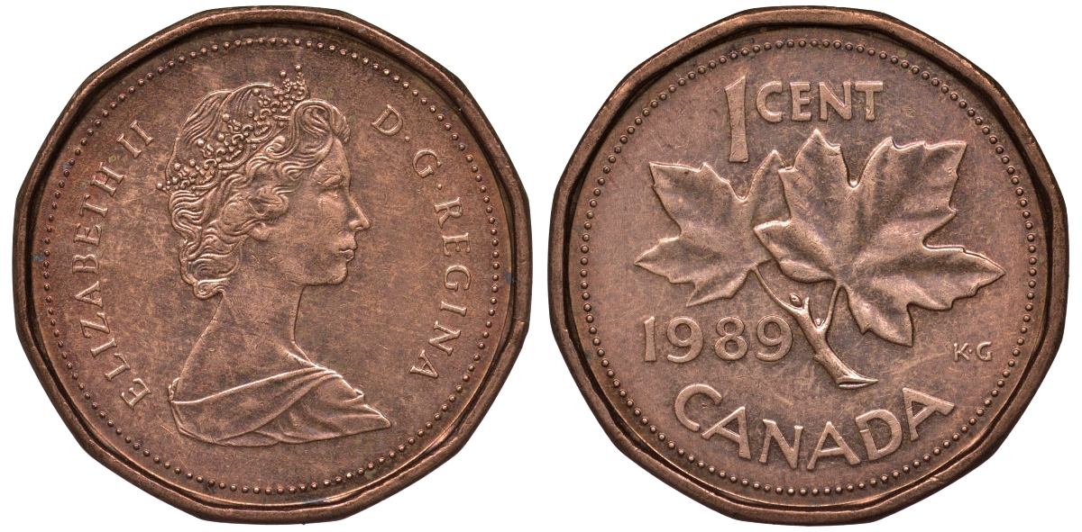Канада 1 цент 1989 Елизавета II (1952-2022), кленовый лист KM 132 бронза  UNC  4588-1168