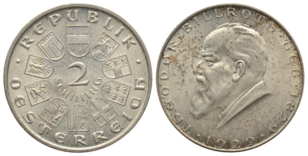 Австрия 2 шиллинга 1929 100 лет со дня рождения Теодора Бильрота KM 2844 серебро 413-113