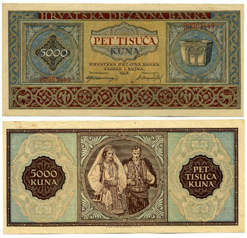 ХОРВАТИЯ 5000 КУНА 1943 Pick 13 бумага аUNC 7486-10-2-2