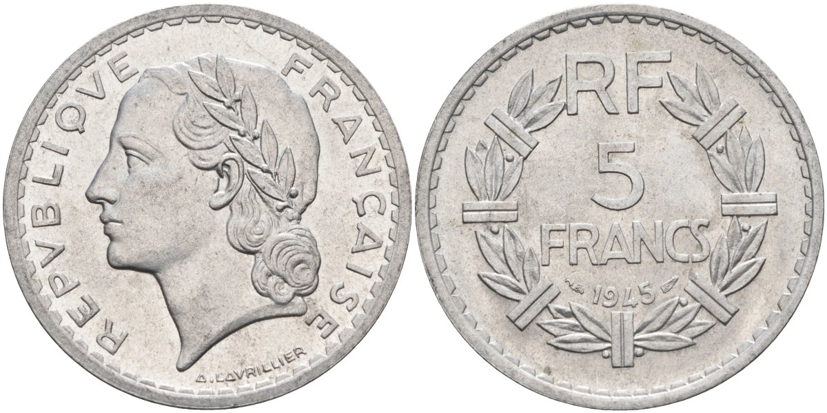 Франция 5 франков 1945 тип Лаврилье, Open 9 KM 888b.1, Le Franc 339.3 алюминий 4117-1144