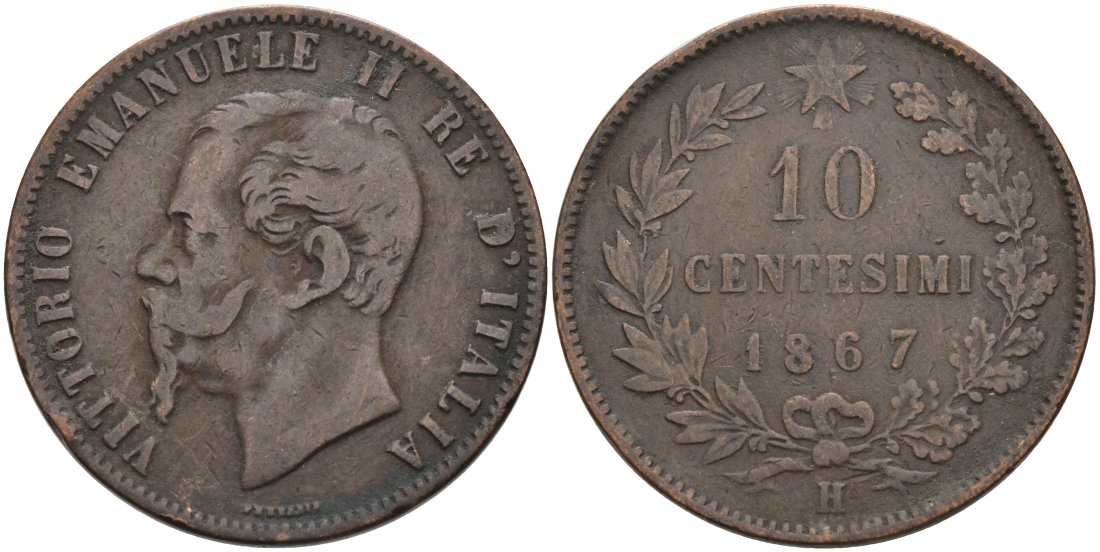 Италия 10 чентезимо 1867 H, Виктор Эммануил II (1861-1878) KM 11.3 медь 4572-932