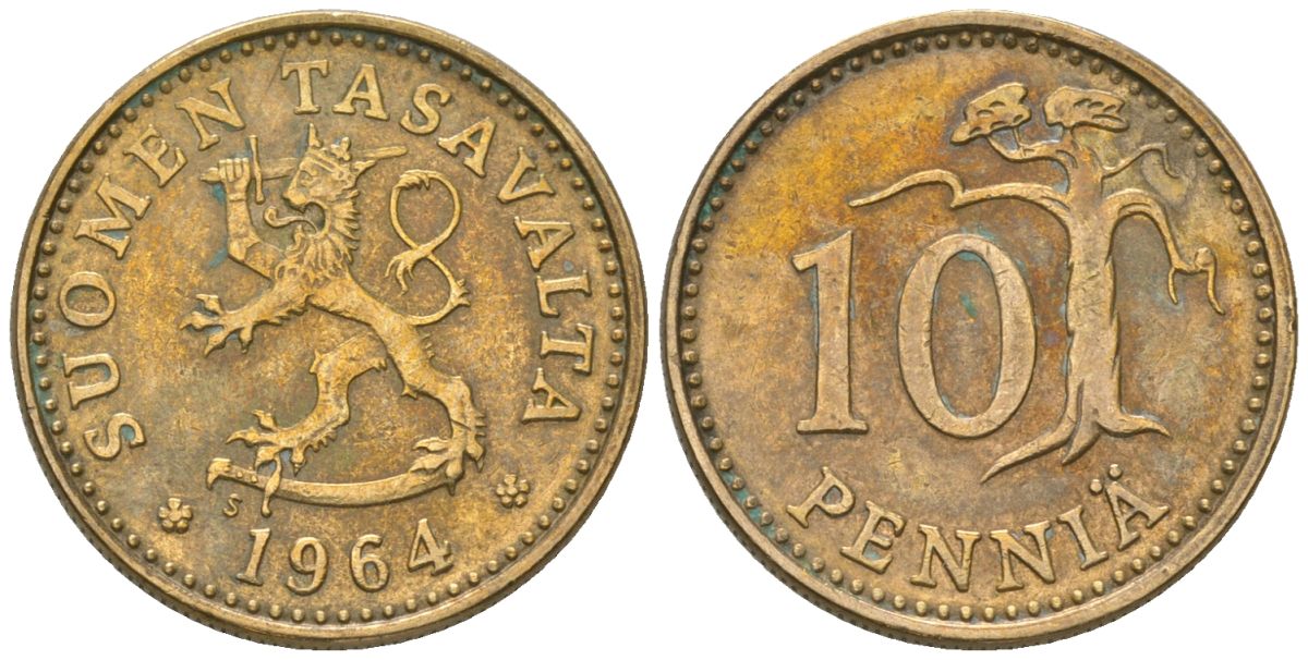 Финляндия 10 пенни 1964 S KM 46 алюминиевая бронза 4174-869