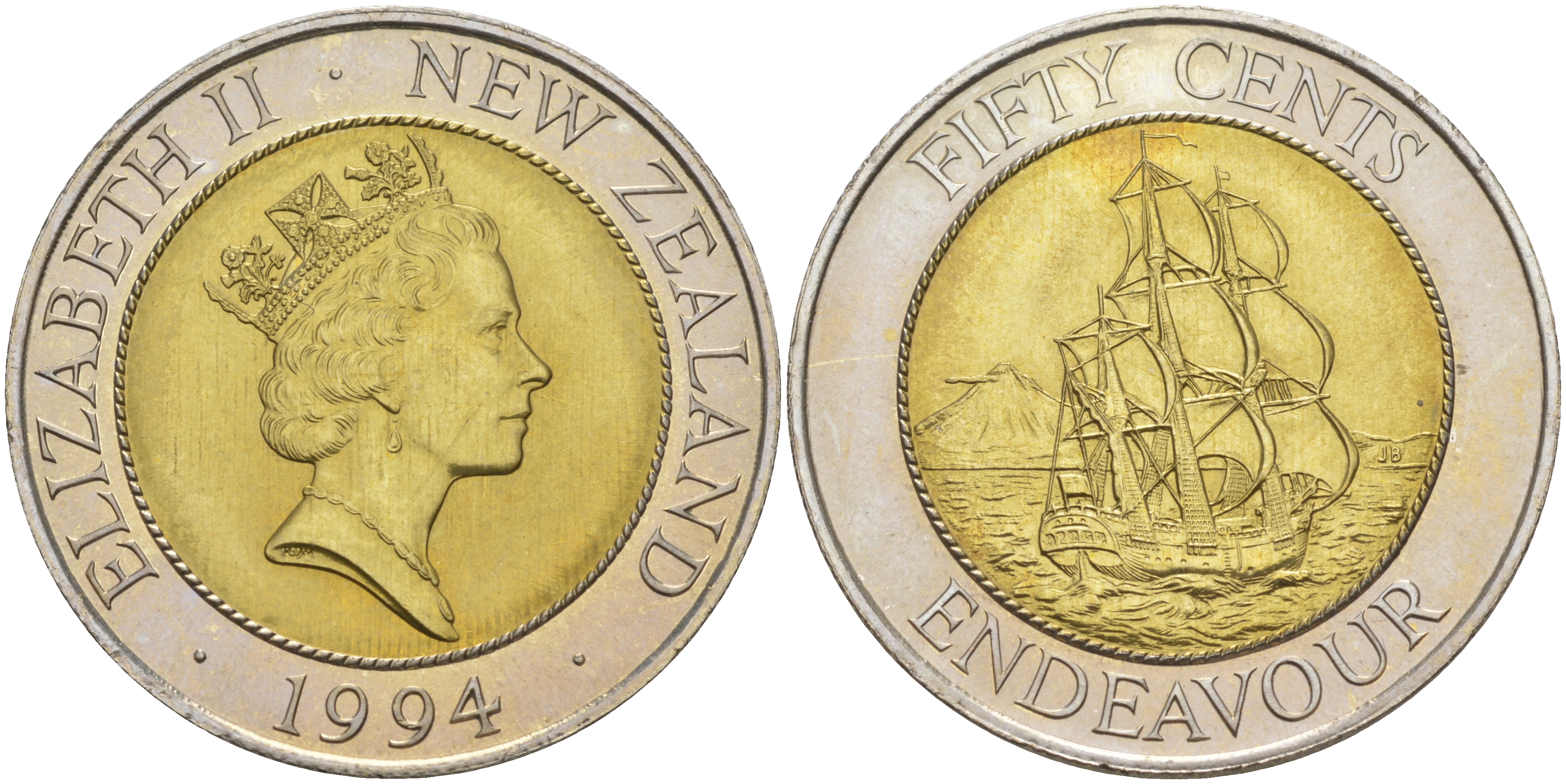 Новая Зеландия 50 центов 1994 Елизавета II (1952-2022), парусник Индевор KM 90 биметалл UNC 1522-1342