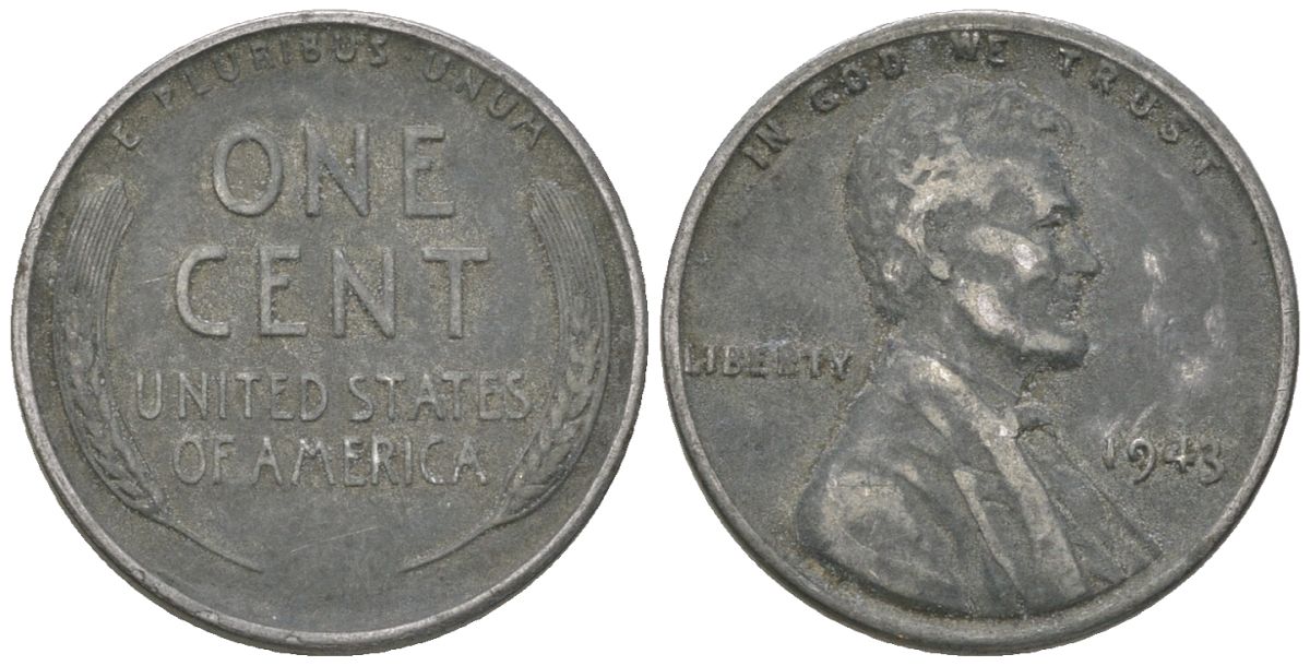 США 1 цент 1943 Авраам Линкольн KM 132 a сталь покрытая цинком 214-658