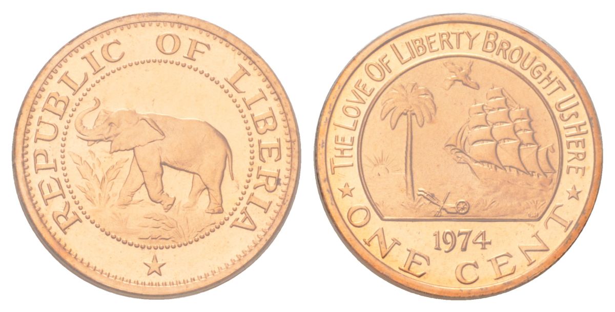Либерия 1 цент 1974 в запайке KM 13 бронза PROOF 4624-523