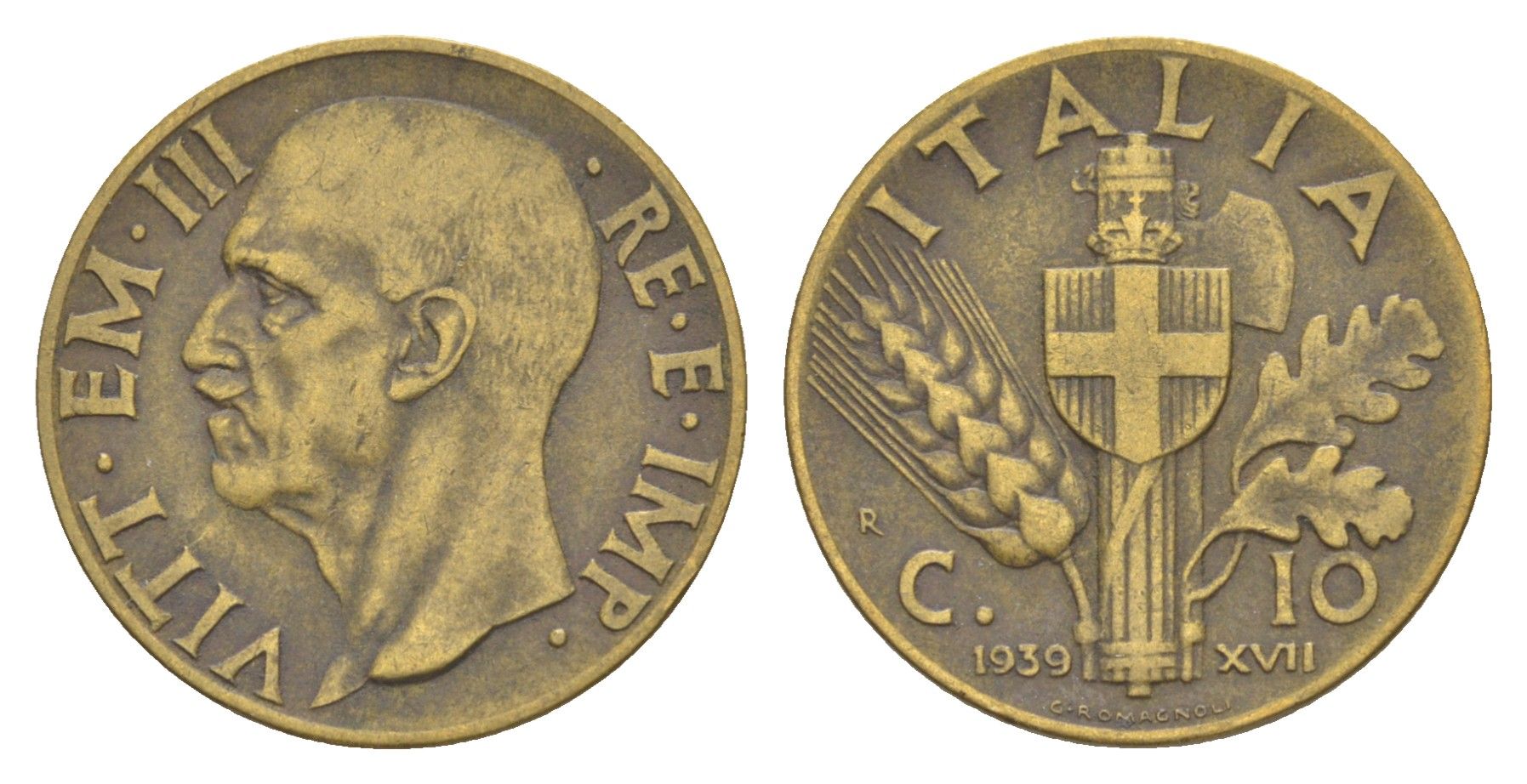 Италия 10 чентезимо 1939 KM 74a алюминиевая бронза 4617-715