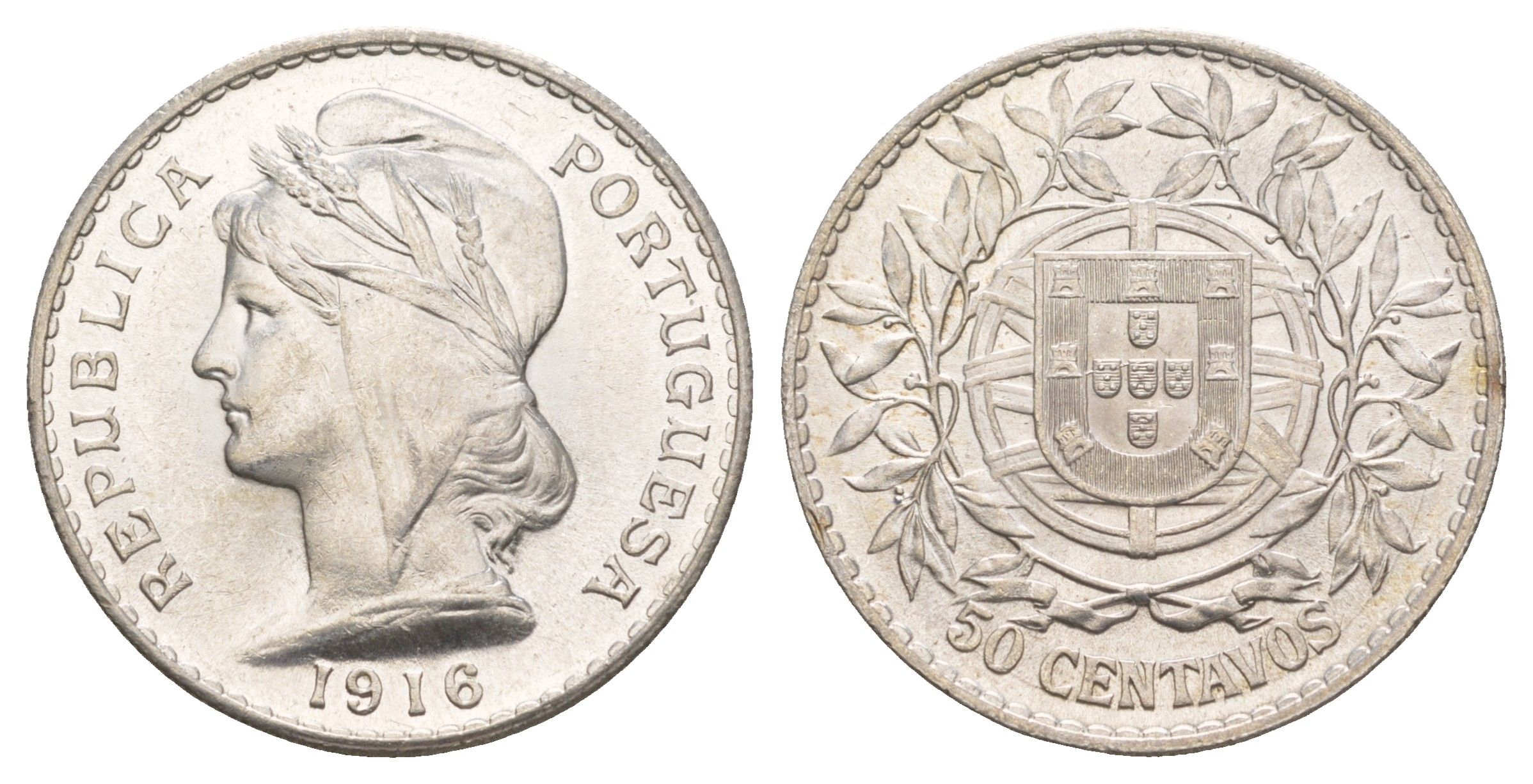 Португалия 50 сентаво 1916 KM 561 серебро UNC 3896-1622