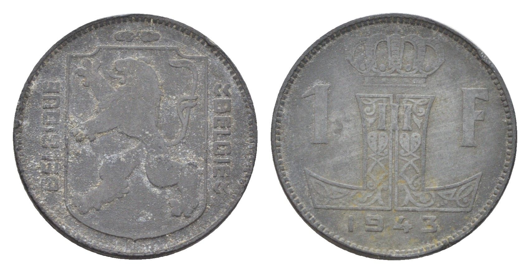 Бельгия 1 франк 1943 Belgie - Belgique, Леопольд III (1934-1947), германская оккупация, Вторая мировая война KM 127 цинк 4704-1042
