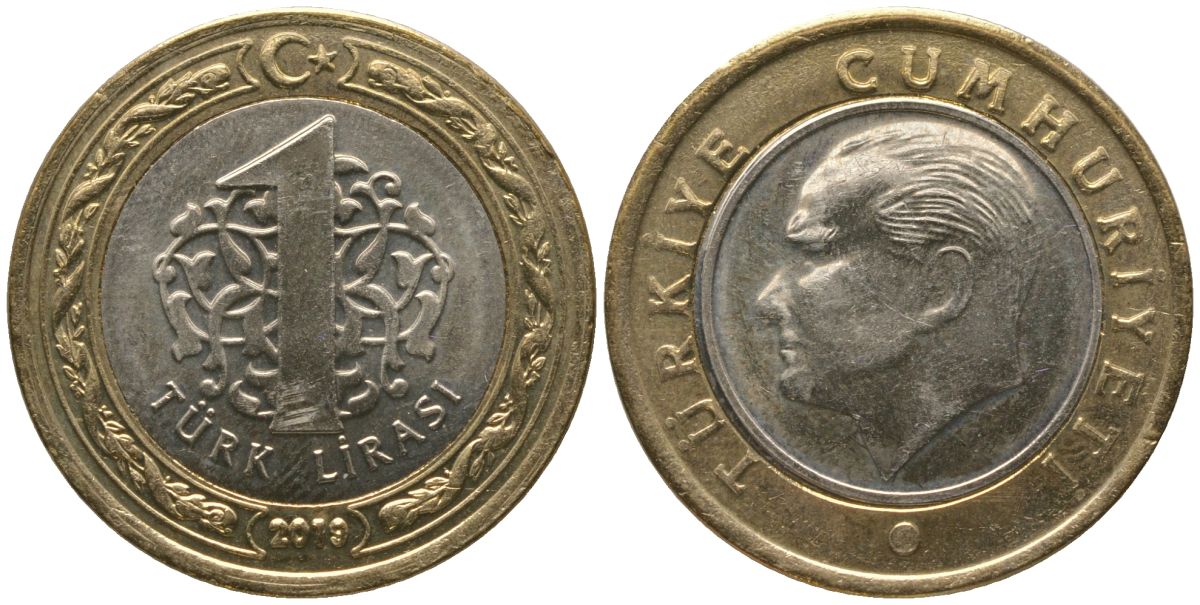 Турция 1 лира 2019 KM 1244 биметалл aUNC 4561-1047