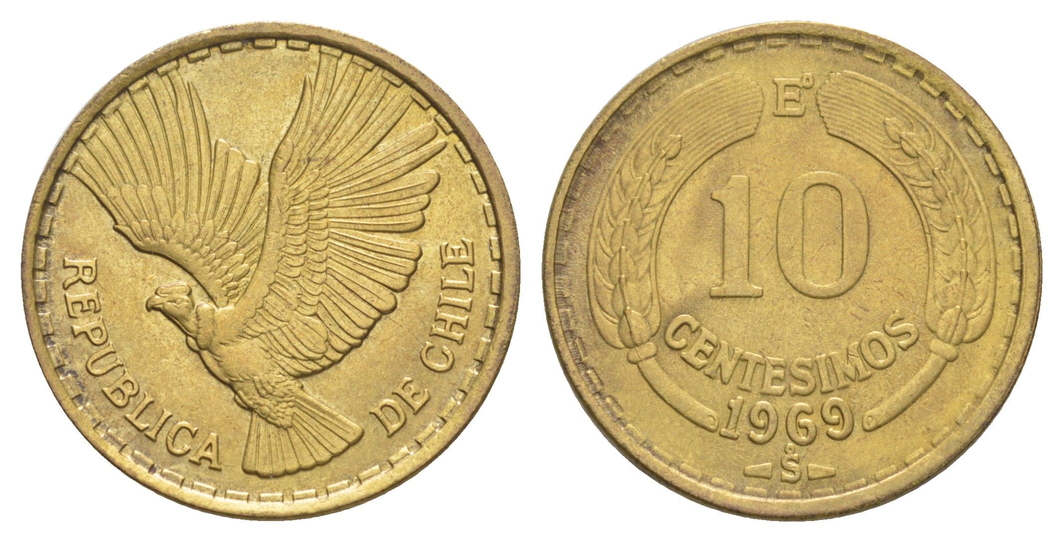 Чили 10 сентесимо 1969 KM 191 алюминиевая бронза 4641-456