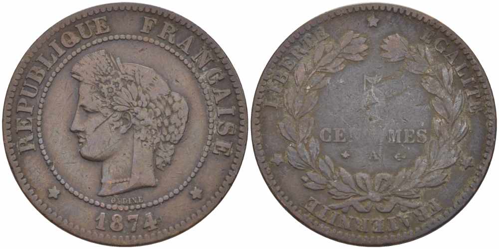 ФРАНЦИЯ 5 САНТИМОВ 1874 A, ТРЕТЬЯ РЕСПУБЛИКА (1871-1940) KM 821.1, LE FRANC 118.10 бронза 108-717