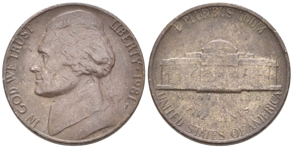 США 5 центов 1981 Р, Джефферсон KM А192 медно-никель 4577-434