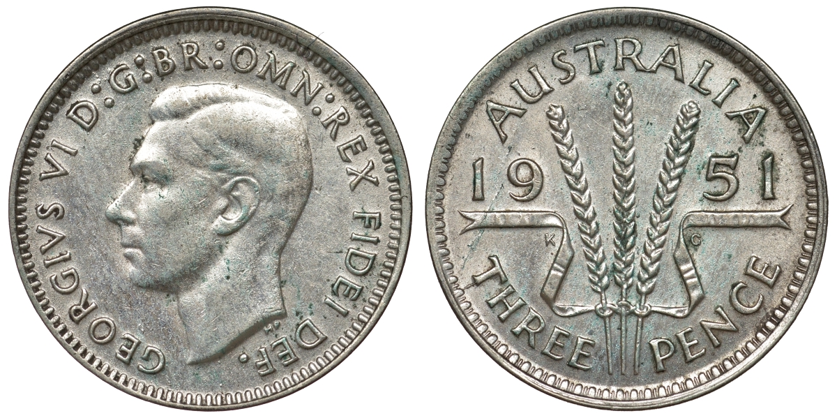 Австралия 3 пенса 1951 m, Георг VI (1937-1952), без букв KM 44 серебро 71-349