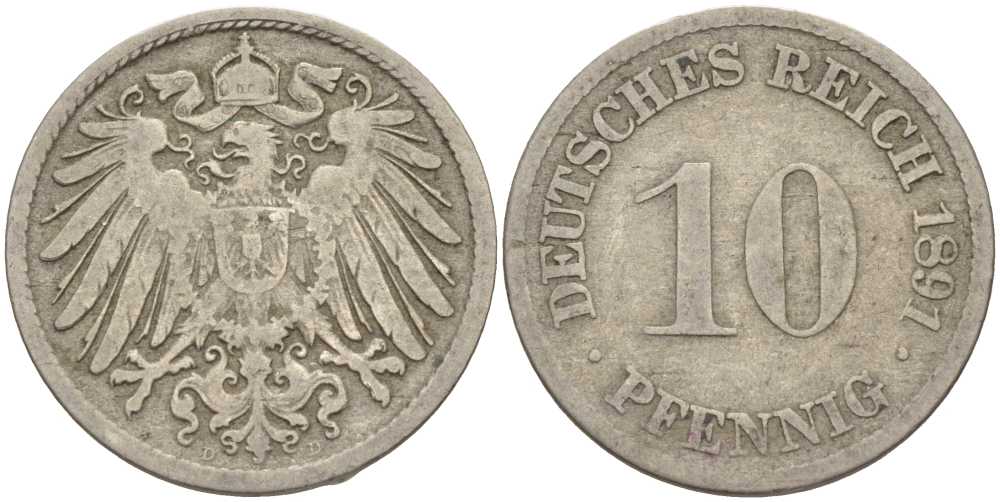ГЕРМАНИЯ 10 ПФЕННИГОВ 1891 D KM 12, J. 13 медно-никель 4401-1022