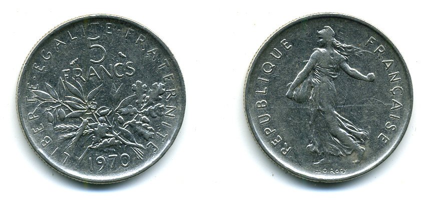 Франция 5 франков 1970 сеятель, тип Semeuse KM 926a.1, Le Franc 341.2 медно-никель плакированный никелем 25-713