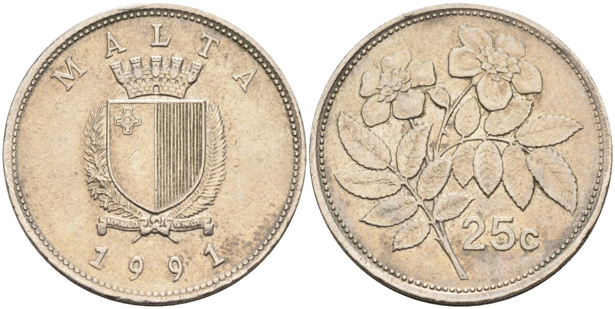 Мальта 25 центов 1991 шиповник вечнозелёный KM 97 медно-никель 186-753