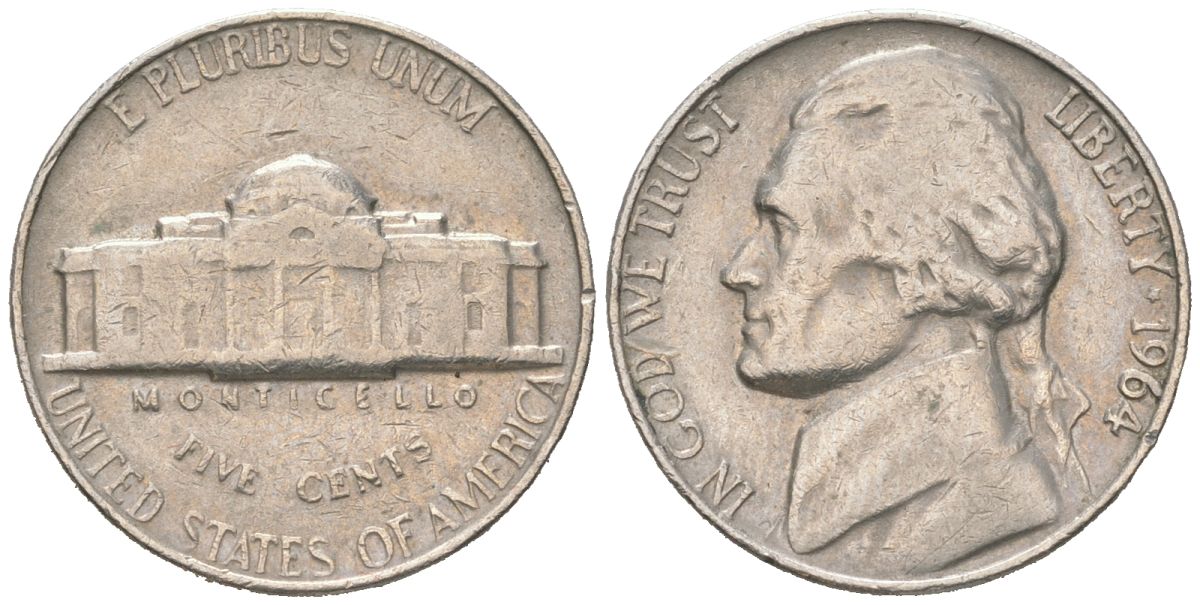 США 5 центов 1964 Джефферсон KM A192 медно-никель 192-1048