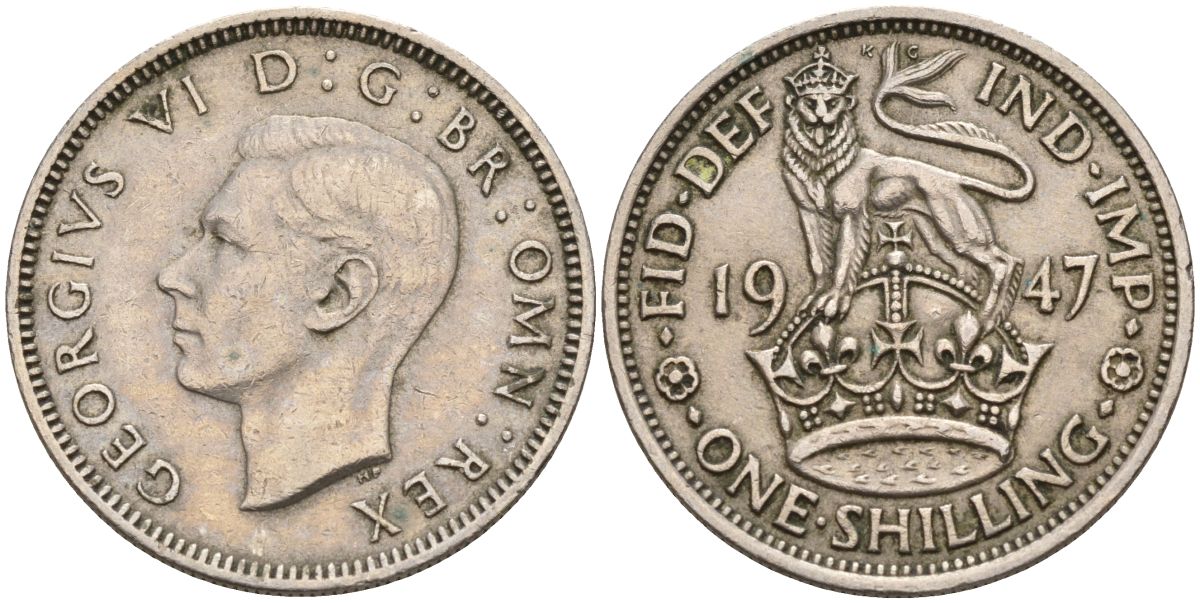 Великобритания 1 шиллинг 1947 Георг VI (1936-1952), Английский шиллинг KM 863, Spink 4103 медно-никель 4153-852