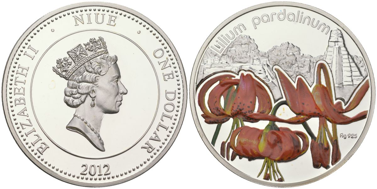 Ниуэ 1 доллар 2012 серия цветы, лилия леопардовая (Lilies Pardalinum), цветная эмаль KM NEW серебро PROOF 1080-3-53