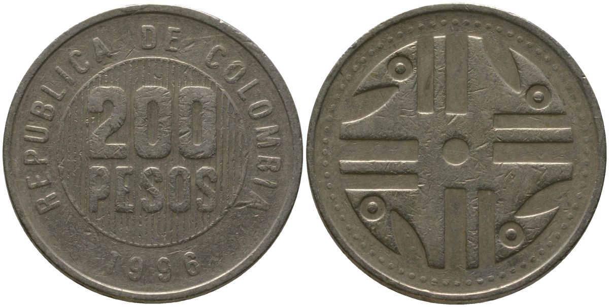 Колумбия 200 песо 1996 KM 287.2, Schon 113, Restrepo 446 никель латунь 4538-326