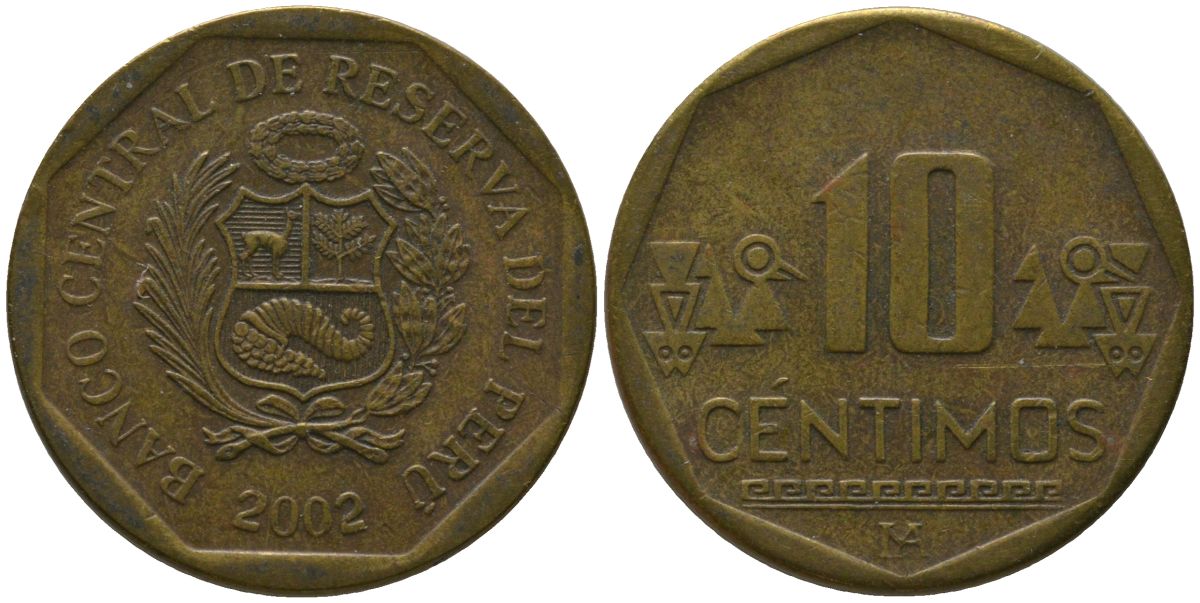 Перу 10 сентимо 2002 LIMA KM 305.4, Schon 104 латунь 4543-811