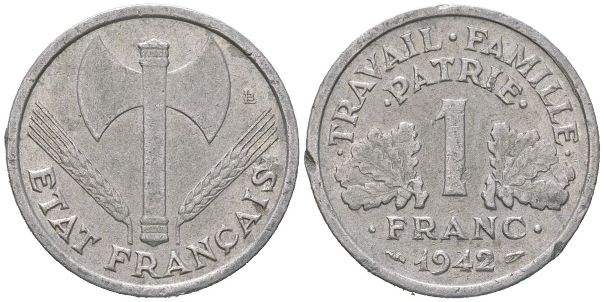 Франция 1 франк 1942 KM?902.1, Le Franc 922 алюминий 4584-1213