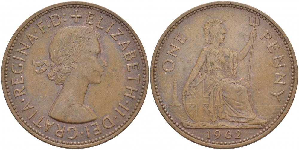 Великобритания 1 пенни 1962 Елизавета II (1952-2022) KM 897, Spink 4157 бронза 3996-214