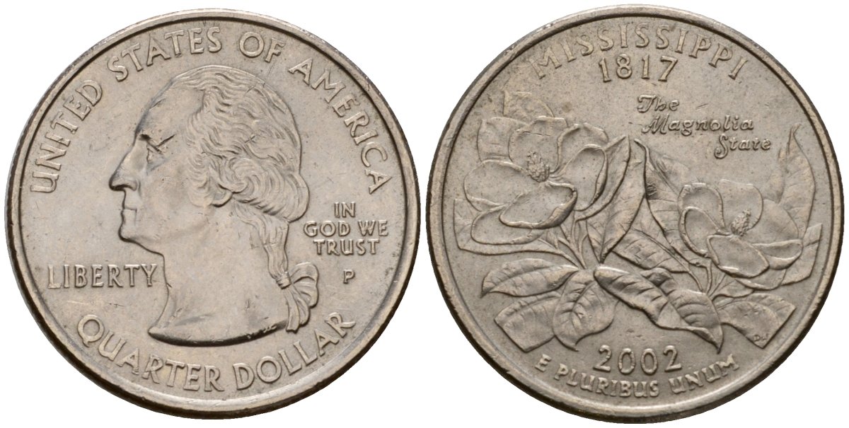 США 25 центов = квотер 2002 P, серия штаты США, Миссисипи KM 335 медь плакированная медно-никелем 4603-1145