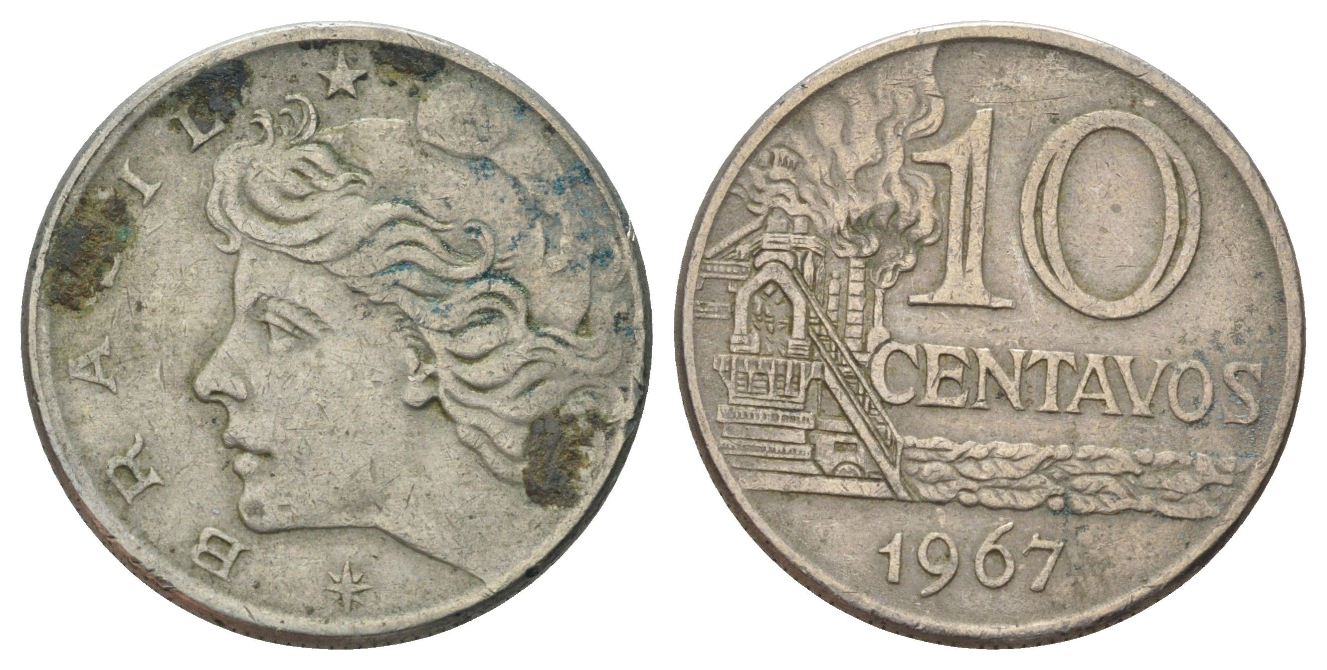 Бразилия 10 сентаво 1967 год-тип KM 578.1 медно-никель 4156-1142