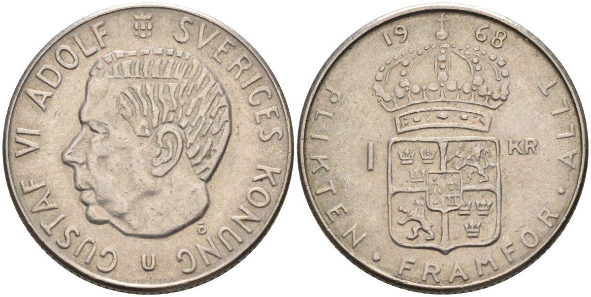 Швеция 1 крона 1968 U, Густав VI Адольф (1950-1973) KM 826 серебро 4582-437