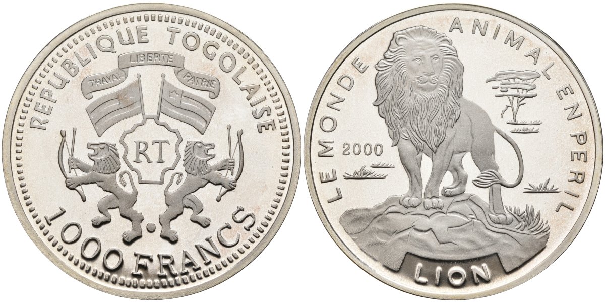 Того 1000 франков 2000 серия животный мир, лев, тираж 5000 экз. KM 28 серебро PROOF 04-318-22