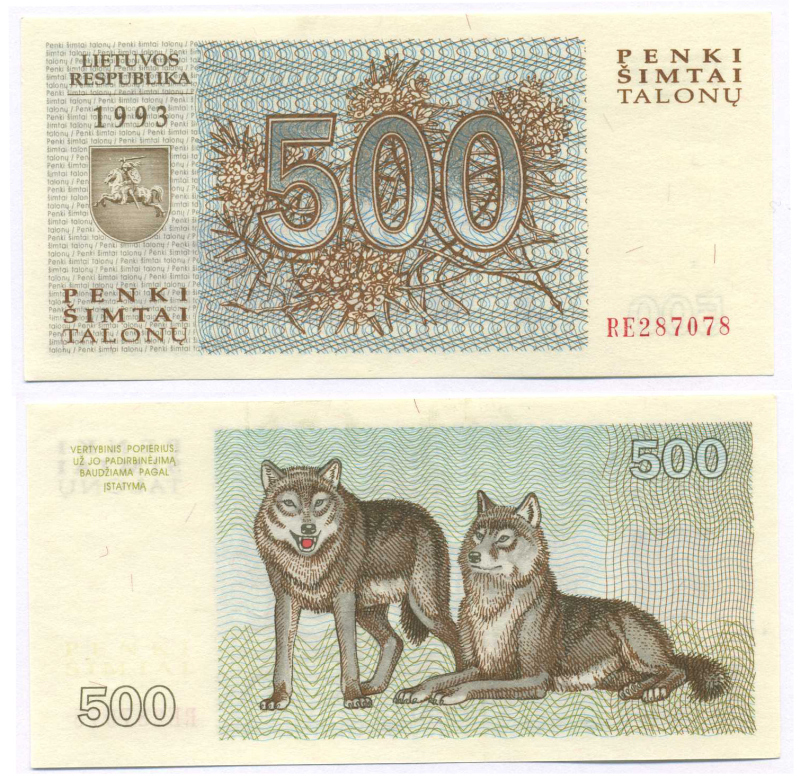 Литва 500 талонов 1993 волки, серия RE Pick 46, Сергеев 50 бумага UNC (пресс) 7148-21-3-1
