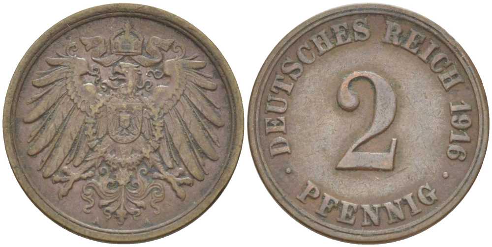 Германия 2 пфеннига 1916 A KM 16, J. 11, Weege 4 медь 212-426