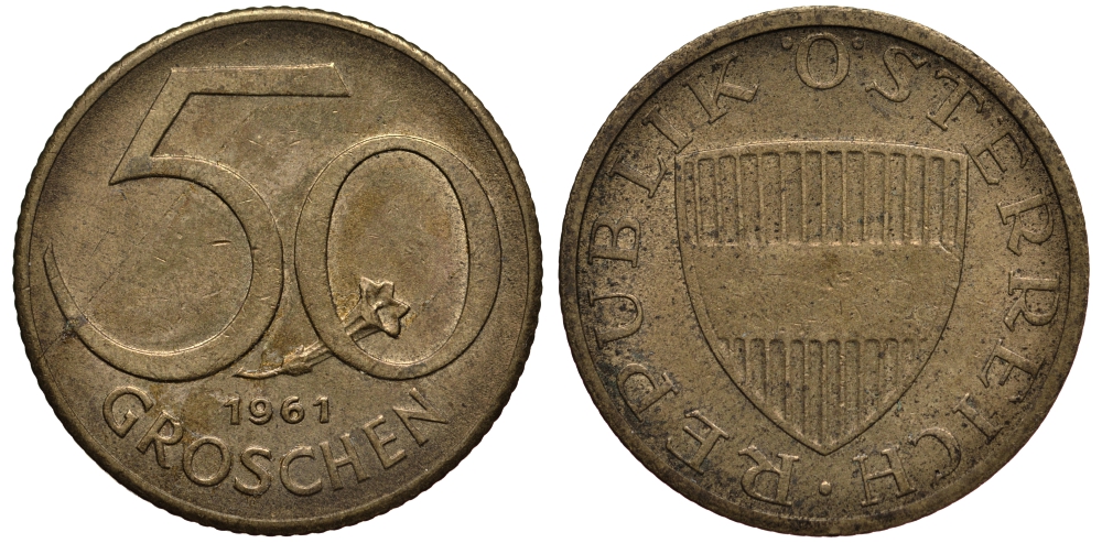 АВСТРИЯ 50 ГРОШЕЙ 1961 KM 2885 алюминиевая бронза 4181-415