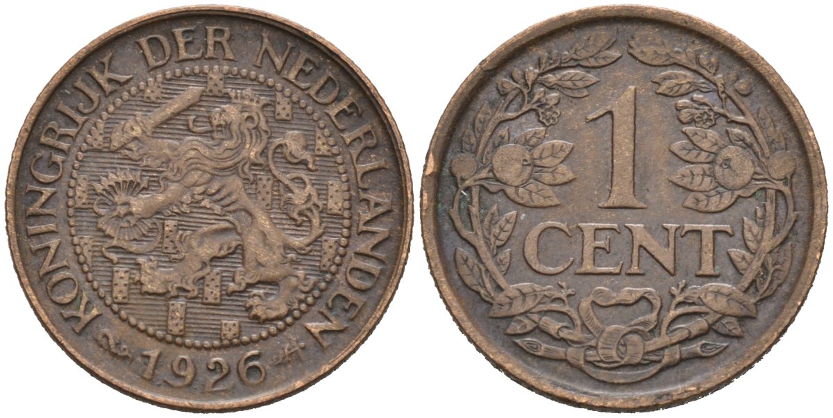Нидерланды 1 цент 1926 Вильгельмина (1890-1948) KM 152 бронза 4576-735