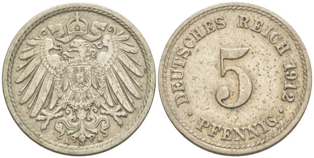 ГЕРМАНИЯ 5 ПФЕННИГОВ 1912 A KM 11, J. 12, Weege 6 медно-никель 206-1011