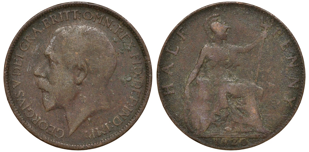 Великобритания 1/2 пенни 1920 Георг V (1910-1936) KM 809, Spink 4056 бронза 4163-537