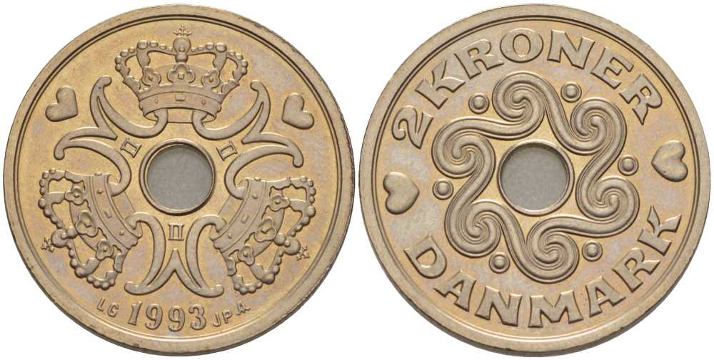 ДАНИЯ 2 КРОНЫ 1994 LG; JP; A, МАРГРЕТЕ II (1972-) KM 874.1 медно-никель 202-836