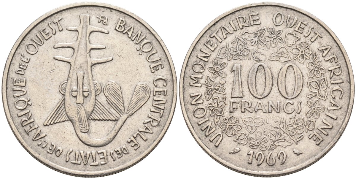 Валютный Союз стран Западной Африки 100 франков 1969 KM 4 никель 4575-1144