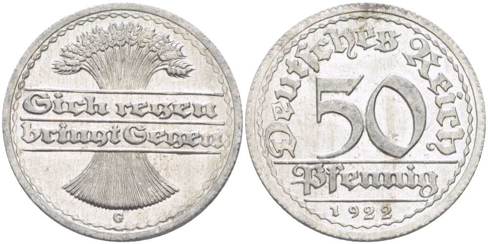 ГЕРМАНИЯ 50 ПФЕННИГОВ 1922 G KM 27, J. 301, Weege 10 алюминий 261-757