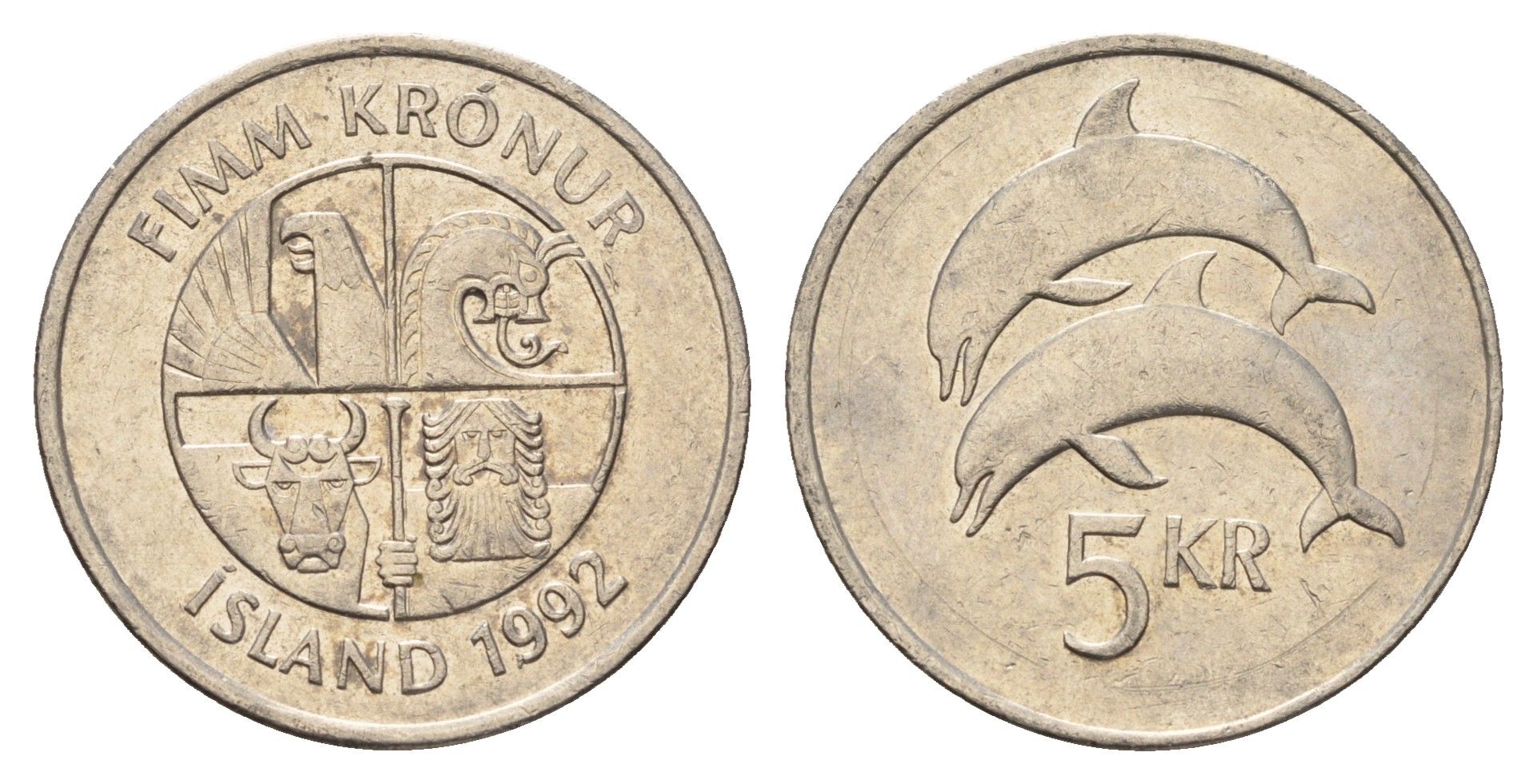 Исландия 5 крон 1992 дельфины KM 28 медно-никель 4691-414