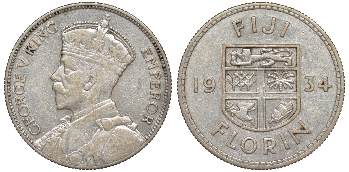 Фиджи 1 флорин 1934 Георг V (1910-1936), герб Фиджи KM 5 серебро    91-1135