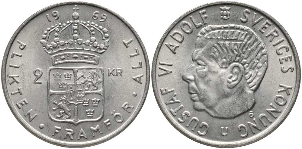 Швеция 2 кроны 1969 U, Густав VI Адольф (1950-1973) КМ 827а медно-никель 180-641