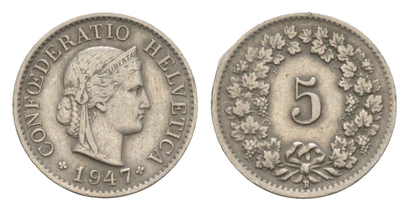 Швейцария 5 раппенов 1947 B KM 26 медно-никель 4532-648