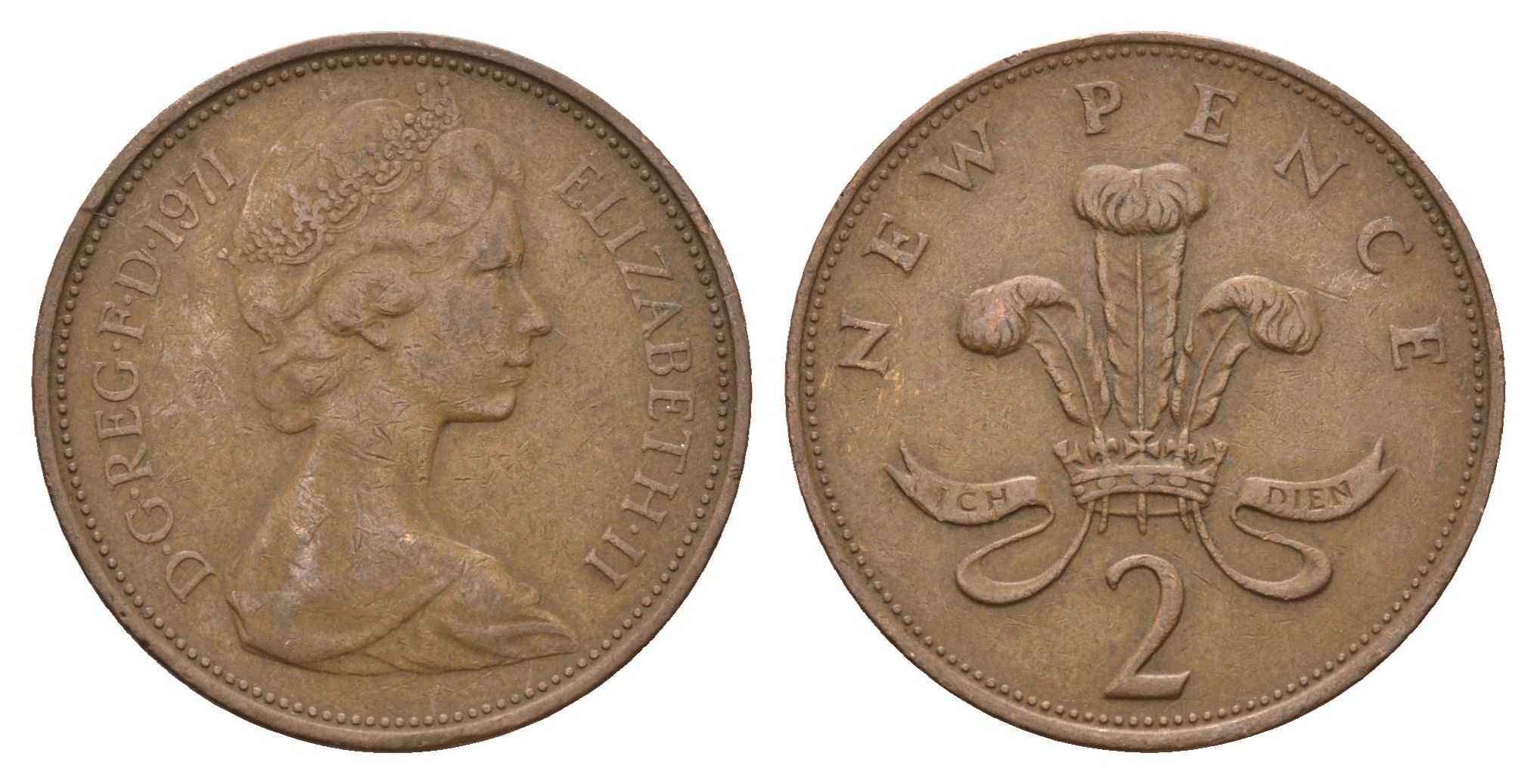 Великобритания 2 пенса 1971 Елизавета II (1952-2022) KM 916, Spink 4235 (C1) бронза 4699-432