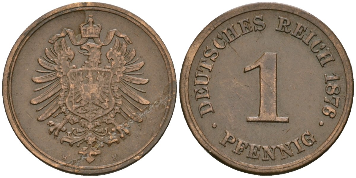 Германия 1 пфенниг 1876 H, Вильгельм I (1871-1888) KM 1, J. 1 медь 1524-532