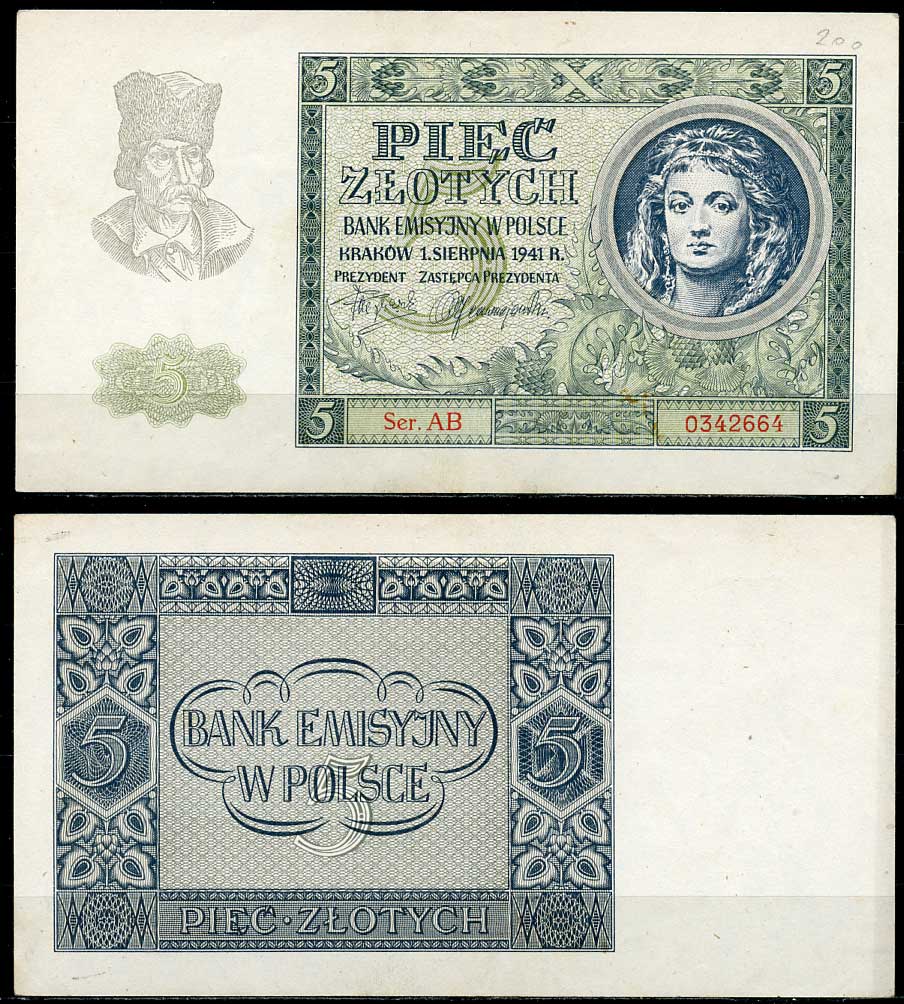 Польша 5 злотых 1941 эмиссионный банк в Польше (немецкая оккупация) Pick 101 бумага XF 00-00
