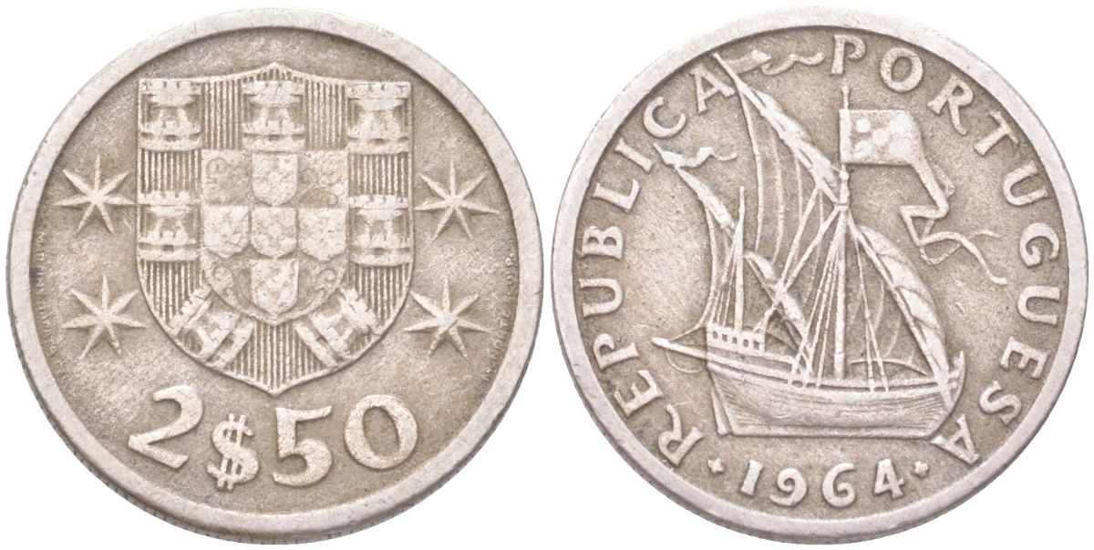 Португалия 2,5 эскудо 1964 парусник KM 590 медно-никель 4611-919