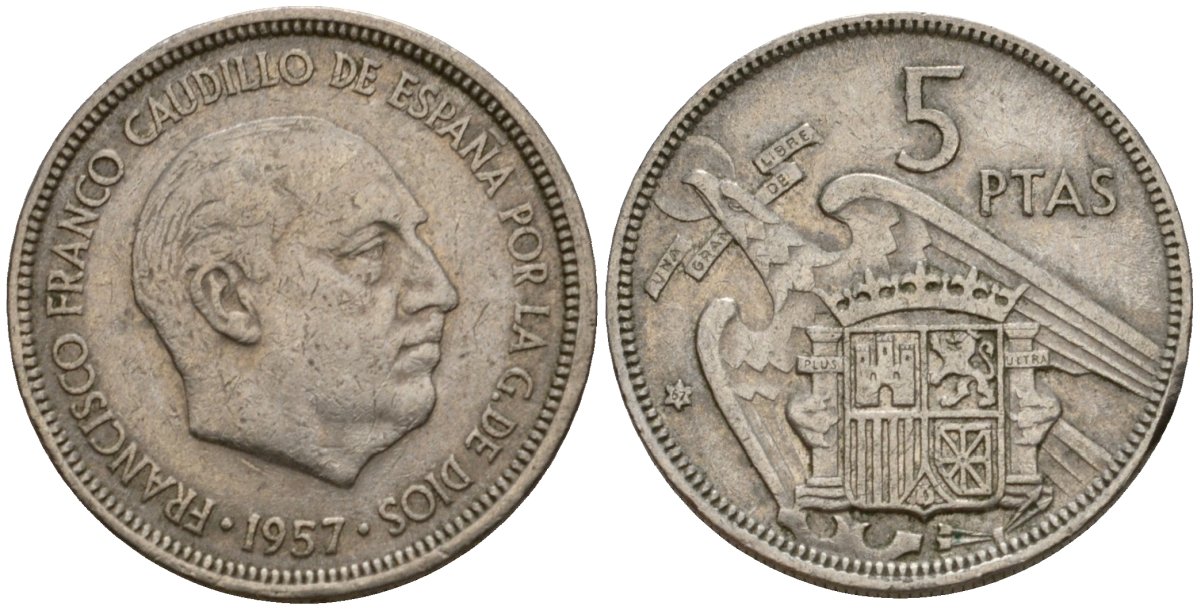 Испания 5 песет 1957 (67) Франсиско Франко (1939-1975) KM 786 медно-никель 186-643