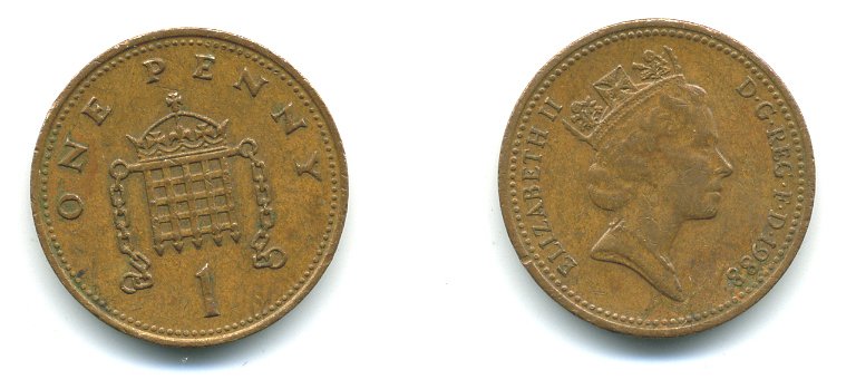 Великобритания 1 пенни 1988 Елизавета II (1952-2022) KM 935, Spink 4381 (B3) бронза 540-221